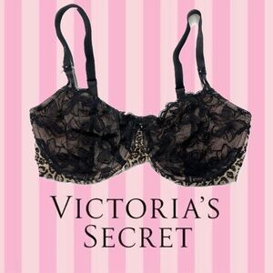 Victoria’s Secret, Very Sexy Unlined Lace Bra Leopard Print Trim 38DD